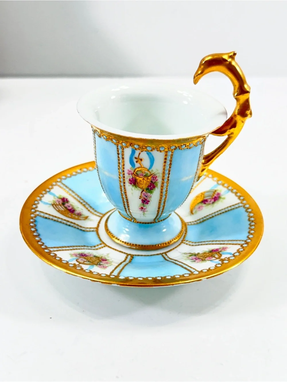 SUPER RARE Antique 1900s Rosenthal Tea Cup Saucer Set Sky Blue Gold Swan Handle